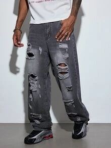 Modcrash American Street Style Personalized Patchwork Distressed Wide Leg Jeans Men Bad Boy Loose Design Straight Leg Pants Fall/Autumn/Winter - Grey - View 4