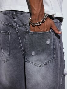 Modcrash American Street Style Personalized Patchwork Distressed Wide Leg Jeans Men Bad Boy Loose Design Straight Leg Pants Fall/Autumn/Winter - Grey - View 8