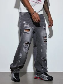 Modcrash American Street Style Personalized Patchwork Distressed Wide Leg Jeans Men Bad Boy Loose Design Straight Leg Pants Fall/Autumn/Winter - Grey - View 1