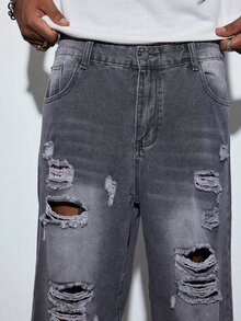 Modcrash American Street Style Personalized Patchwork Distressed Wide Leg Jeans Men Bad Boy Loose Design Straight Leg Pants Fall/Autumn/Winter - Grey - View 7