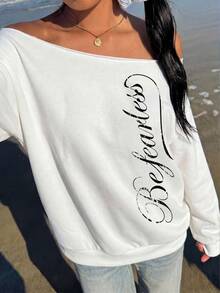 SHEIN EZwear Women's Off-Shoulder Loose Casual Long Sleeve Sweatshirt With Street Style English Graphic Print Modern Urban Fashion Business Casual Office Wear - White - View 6