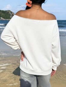 SHEIN EZwear Women's Off-Shoulder Loose Casual Long Sleeve Sweatshirt With Street Style English Graphic Print Modern Urban Fashion Business Casual Office Wear - White - View 4