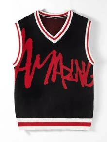 Manfinity EMRG Men's Contrast Trim Letter Pattern Knitted Vest Holiday Festival Autumn Streetwear Winter - Black - View 7