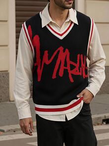 Manfinity EMRG Men's Contrast Trim Letter Pattern Knitted Vest Holiday Festival Autumn Streetwear Winter - Black - View 8