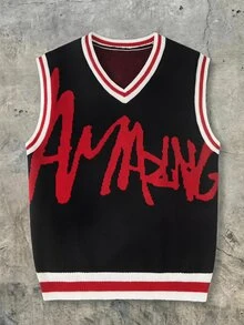 Manfinity EMRG Men's Contrast Trim Letter Pattern Knitted Vest Holiday Festival Autumn Streetwear Winter - Black - View 9