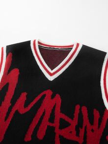 Manfinity EMRG Men's Contrast Trim Letter Pattern Knitted Vest Holiday Festival Autumn Streetwear Winter - Black - View 3