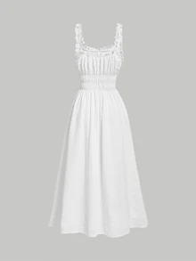 SHEIN MOD Đầm viền lá sen Thắt nút Nếp gấp Phần Ngực màu trơn Giải trí - trắng - Xem 2