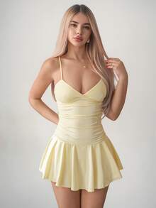 Sweetina 女款黃色性感優雅派對純色百褶修身休閒無袖迷你洋裝，內含短褲，夏季 - 黃色 - 查看 7