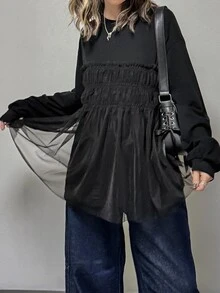 FRIFUL Women's Early Autumn New Korean Style Patchwork Sheer Mesh Shirred Solid Color Long Sleeve T-Shirt - Black - View 5