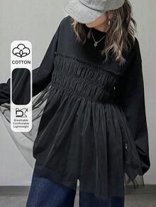 FRIFUL Women's Early Autumn New Korean Style Patchwork Sheer Mesh Shirred Solid Color Long Sleeve T-Shirt - Black - View 7
