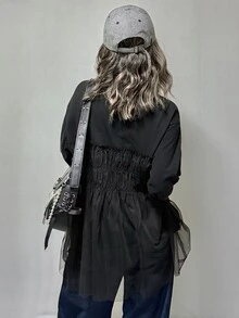 FRIFUL Women's Early Autumn New Korean Style Patchwork Sheer Mesh Shirred Solid Color Long Sleeve T-Shirt - Black - View 2