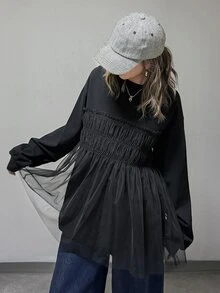 FRIFUL Women's Early Autumn New Korean Style Patchwork Sheer Mesh Shirred Solid Color Long Sleeve T-Shirt - Black - View 8