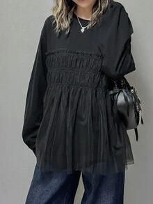 FRIFUL Women's Early Autumn New Korean Style Patchwork Sheer Mesh Shirred Solid Color Long Sleeve T-Shirt - Black - View 6
