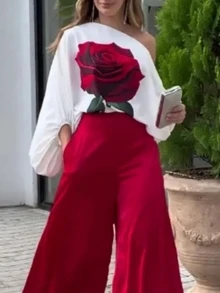 INAWLY 女士夏季花卉印花不对称领灯笼袖宽松时尚衬衫 - 白色 - 查看 2