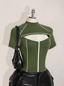 SHEIN ICON 女款大尺碼軍綠色拼接鏤空前拉鍊T恤 - 軍綠色 - 查看 1
