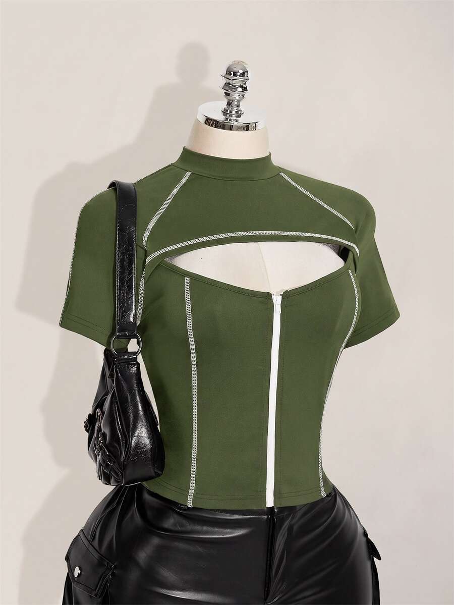 SHEIN ICON 女款大尺碼軍綠色拼接鏤空前拉鍊T恤 - 軍綠色 - 查看 1