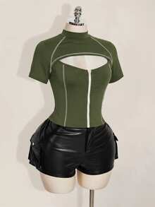 SHEIN ICON 女款大尺碼軍綠色拼接鏤空前拉鍊T恤 - 軍綠色 - 查看 8