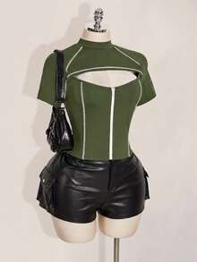 SHEIN ICON 女款大尺碼軍綠色拼接鏤空前拉鍊T恤 - 軍綠色 - 查看 7