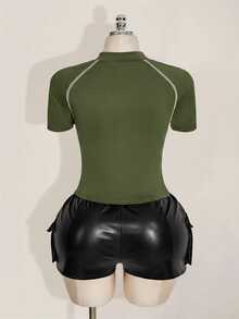SHEIN ICON 女款大尺碼軍綠色拼接鏤空前拉鍊T恤 - 軍綠色 - 查看 2