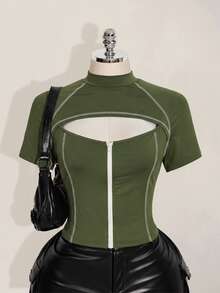 SHEIN ICON 女款大尺碼軍綠色拼接鏤空前拉鍊T恤 - 軍綠色 - 查看 6