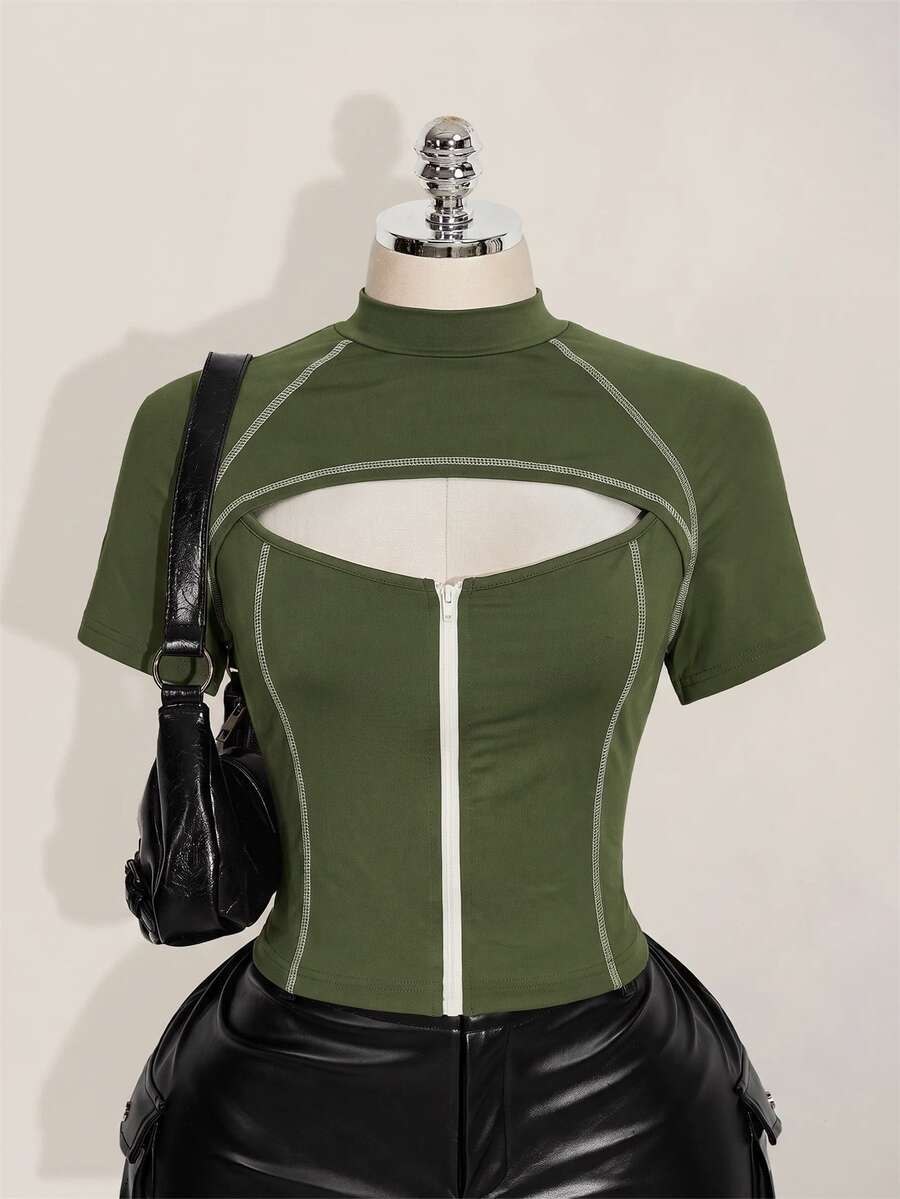 SHEIN ICON Women's Plus Size Army Green Colorblock Hollow Zipper Front T-Shirt - Army Green - View 1