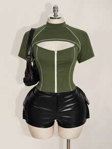 SHEIN ICON 女款大尺碼軍綠色拼接鏤空前拉鍊T恤 - 軍綠色 - 查看 5