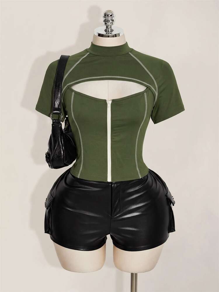 SHEIN ICON Women's Plus Size Army Green Colorblock Hollow Zipper Front T-Shirt - Army Green - View 5