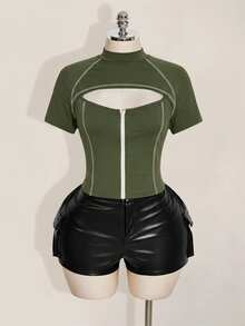 SHEIN ICON 女款大尺碼軍綠色拼接鏤空前拉鍊T恤 - 軍綠色 - 查看 4