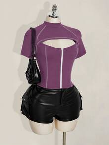 SHEIN ICON 女款大尺碼紫色拼接鏤空短袖前拉鍊T恤 - 淺灰紫 - 查看 4