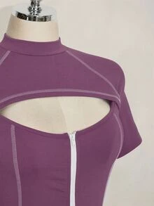 SHEIN ICON 女款大尺碼紫色拼接鏤空短袖前拉鍊T恤 - 淺灰紫 - 查看 9