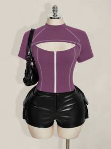 SHEIN ICON 女款大尺碼紫色拼接鏤空短袖前拉鍊T恤 - 淺灰紫 - 查看 1