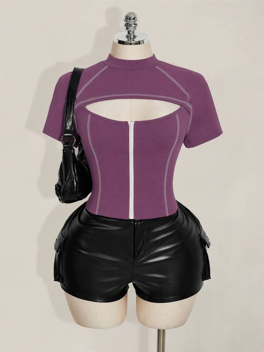SHEIN ICON 女款大尺碼紫色拼接鏤空短袖前拉鍊T恤 - 淺灰紫 - 查看 1