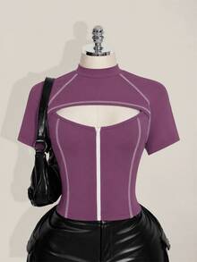 SHEIN ICON 女款大尺碼紫色拼接鏤空短袖前拉鍊T恤 - 淺灰紫 - 查看 5