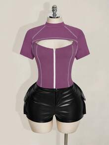 SHEIN ICON 女款大尺碼紫色拼接鏤空短袖前拉鍊T恤 - 淺灰紫 - 查看 7