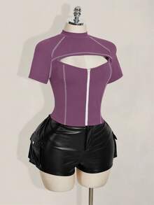 SHEIN ICON 女款大尺碼紫色拼接鏤空短袖前拉鍊T恤 - 淺灰紫 - 查看 8
