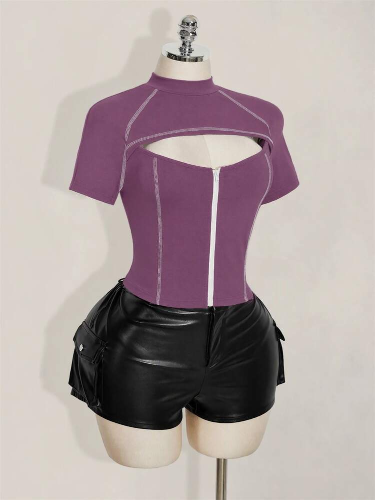 SHEIN ICON Women's Plus Size Purple Colorblock Hollow Out Short Sleeve Zipper Front T-Shirt - Dusty Purple - View 8