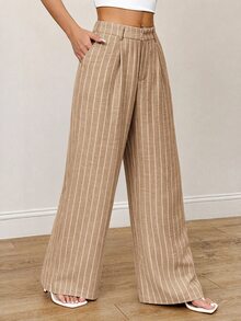 SHEIN PETITE 女款休閒通勤辦公商務工作條紋直筒西裝褲 卡其色 秋季 - 卡其色 - 查看 4