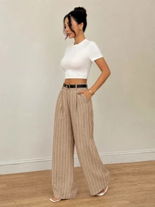 SHEIN PETITE 女款休閒通勤辦公商務工作條紋直筒西裝褲 卡其色 秋季 - 卡其色 - 查看 6