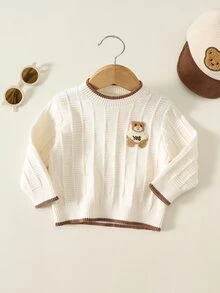 SHEIN 男嬰秋冬休閒拼色滾邊熊刺繡針織衫 - 彩色 - 查看 6
