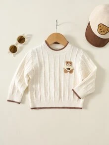 SHEIN 男嬰秋冬休閒拼色滾邊熊刺繡針織衫 - 彩色 - 查看 3