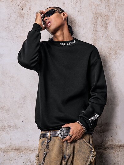 Skyrend Sudadera de cuello alto con detalles de parches y gráfico de eslogan para hombre, manga larga, estilo grunge para otoño/invierno