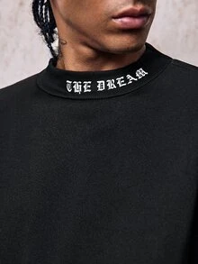 Skyrend Men Patched Detail Slogan Graphic Mock Neck Sweatshirt, Fall, Long Sleeve Top Fall/Autumn/Winter Grunge - Black - View 9