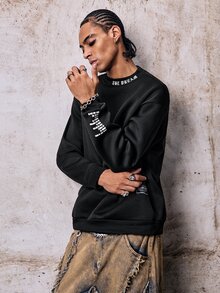 Skyrend Men Patched Detail Slogan Graphic Mock Neck Sweatshirt, Fall, Long Sleeve Top Fall/Autumn/Winter Grunge - Black - View 5