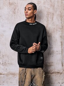 Skyrend Men Patched Detail Slogan Graphic Mock Neck Sweatshirt, Fall, Long Sleeve Top Fall/Autumn/Winter Grunge - Black - View 7