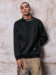 Skyrend Men Patched Detail Slogan Graphic Mock Neck Sweatshirt, Fall, Long Sleeve Top Fall/Autumn/Winter Grunge - Black - View 6
