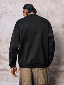 Skyrend Men Patched Detail Slogan Graphic Mock Neck Sweatshirt, Fall, Long Sleeve Top Fall/Autumn/Winter Grunge - Black - View 2