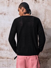 Skyrend Men's Loose Fit Eyelet Lace-Up Design Long Sleeve Sweater, Autumn, Fall Fall/Autumn/Winter Halloween Grunge Holiday Christmans Party - Black - View 2