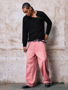 Skyrend Men's Loose Fit Eyelet Lace-Up Design Long Sleeve Sweater, Autumn, Fall Fall/Autumn/Winter Halloween Grunge Holiday Christmans Party - Black - View 7