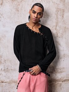 Skyrend Men's Loose Fit Eyelet Lace-Up Design Long Sleeve Sweater, Autumn, Fall Fall/Autumn/Winter Halloween Grunge Holiday Christmans Party - Black - View 1
