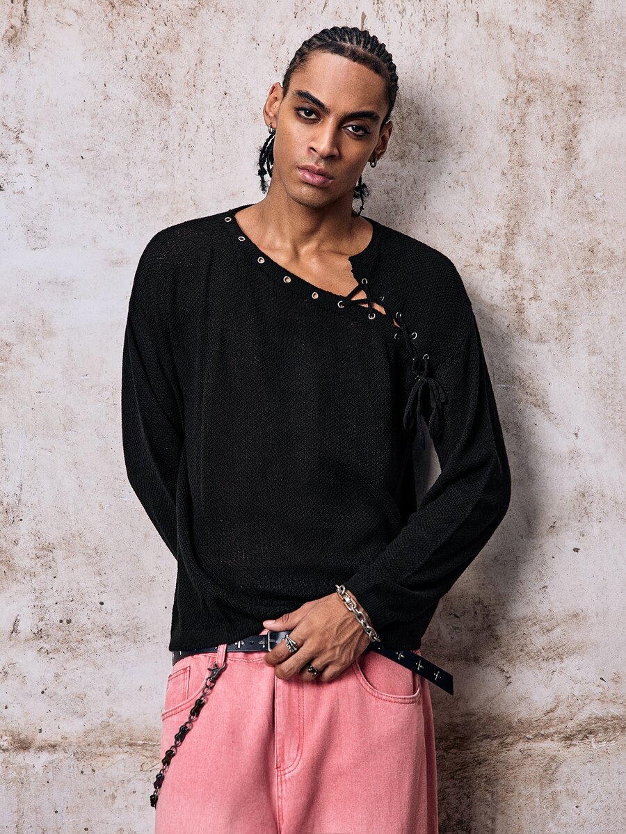 Skyrend Men's Loose Fit Eyelet Lace-Up Design Long Sleeve Sweater, Autumn, Fall Fall/Autumn/Winter Halloween Grunge Holiday Christmans Party - Black - View 1